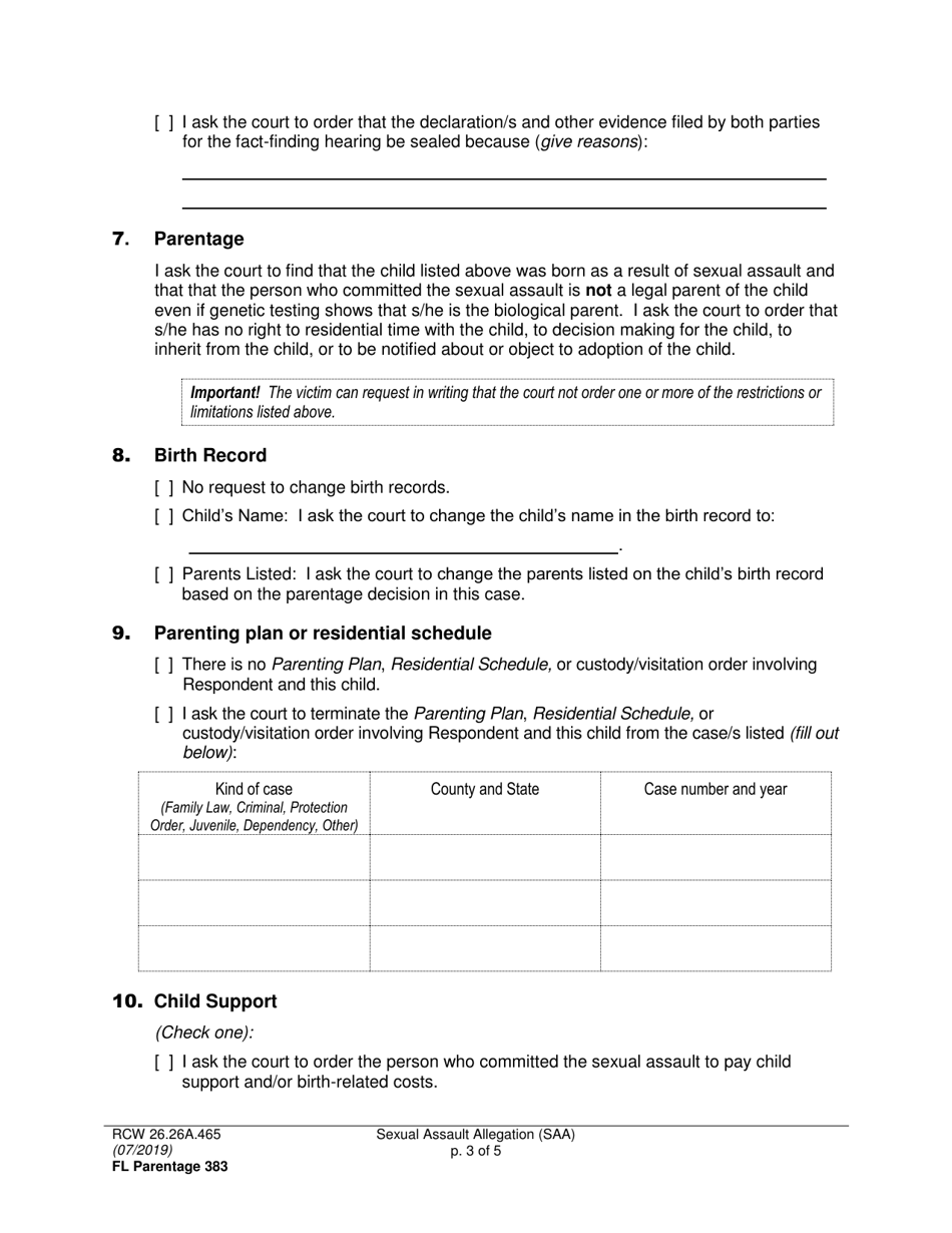 Form FL Parentage383 Sexual Assault Allegation - Washington, Page 3