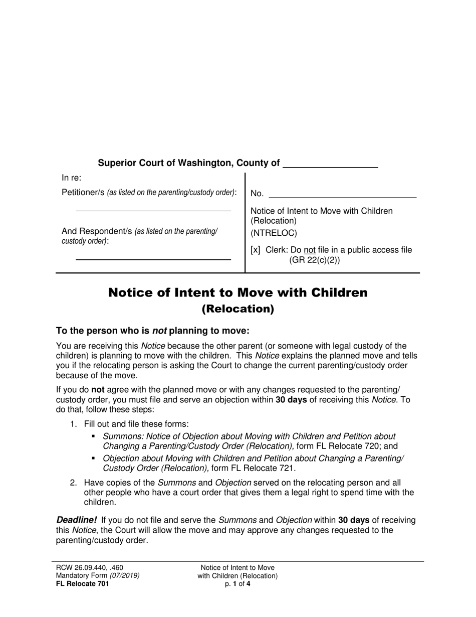 Form FL Relocate701 Notice of Intent to Move With Children (Relocation) - Washington, Page 1