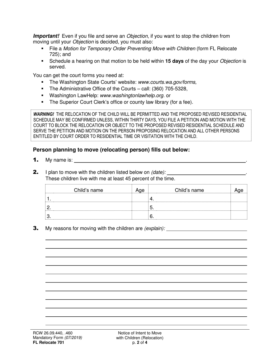 Form FL Relocate701 Notice of Intent to Move With Children (Relocation) - Washington, Page 2