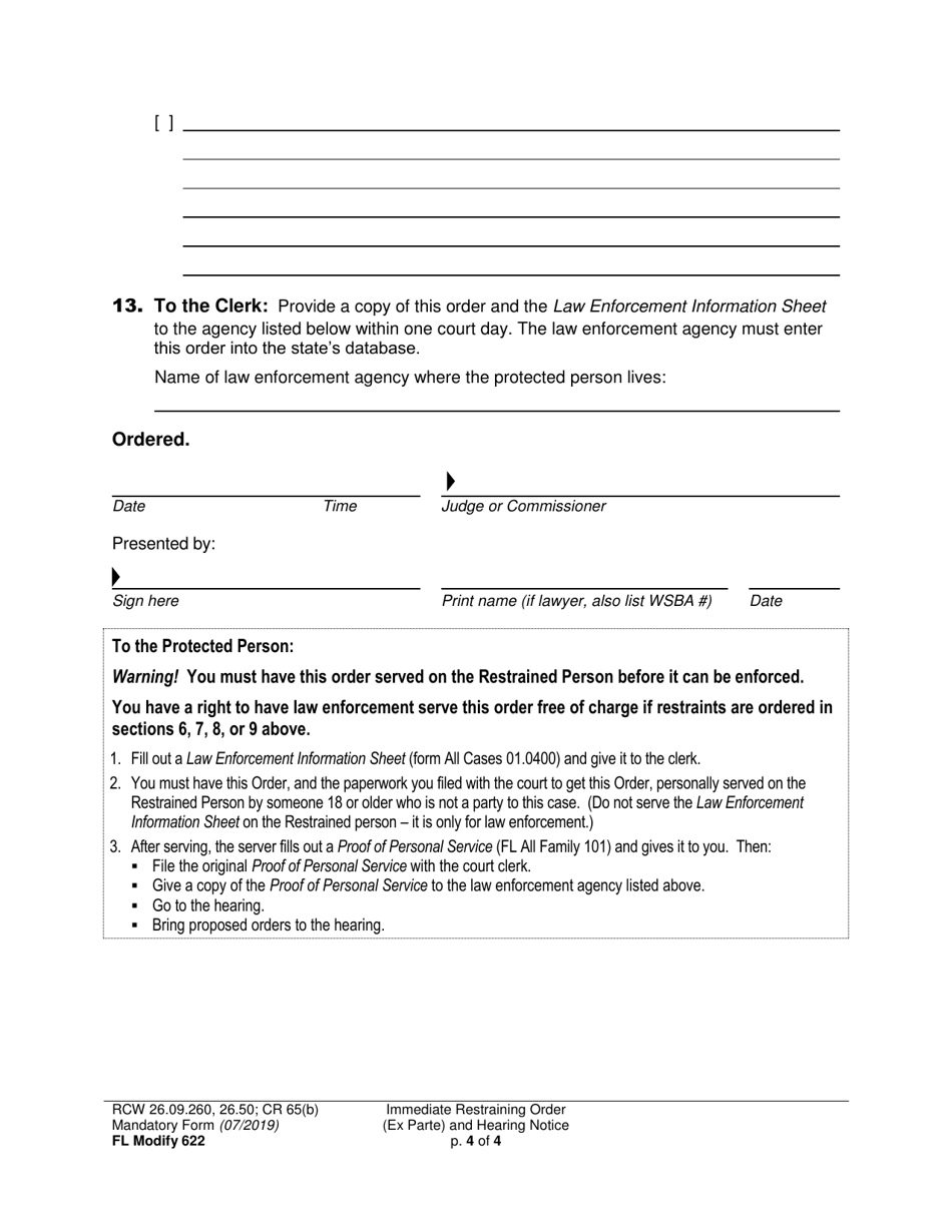 Form FL Modify622 Immediate Restraining Order (Ex Parte) and Hearing Notice - Washington, Page 4
