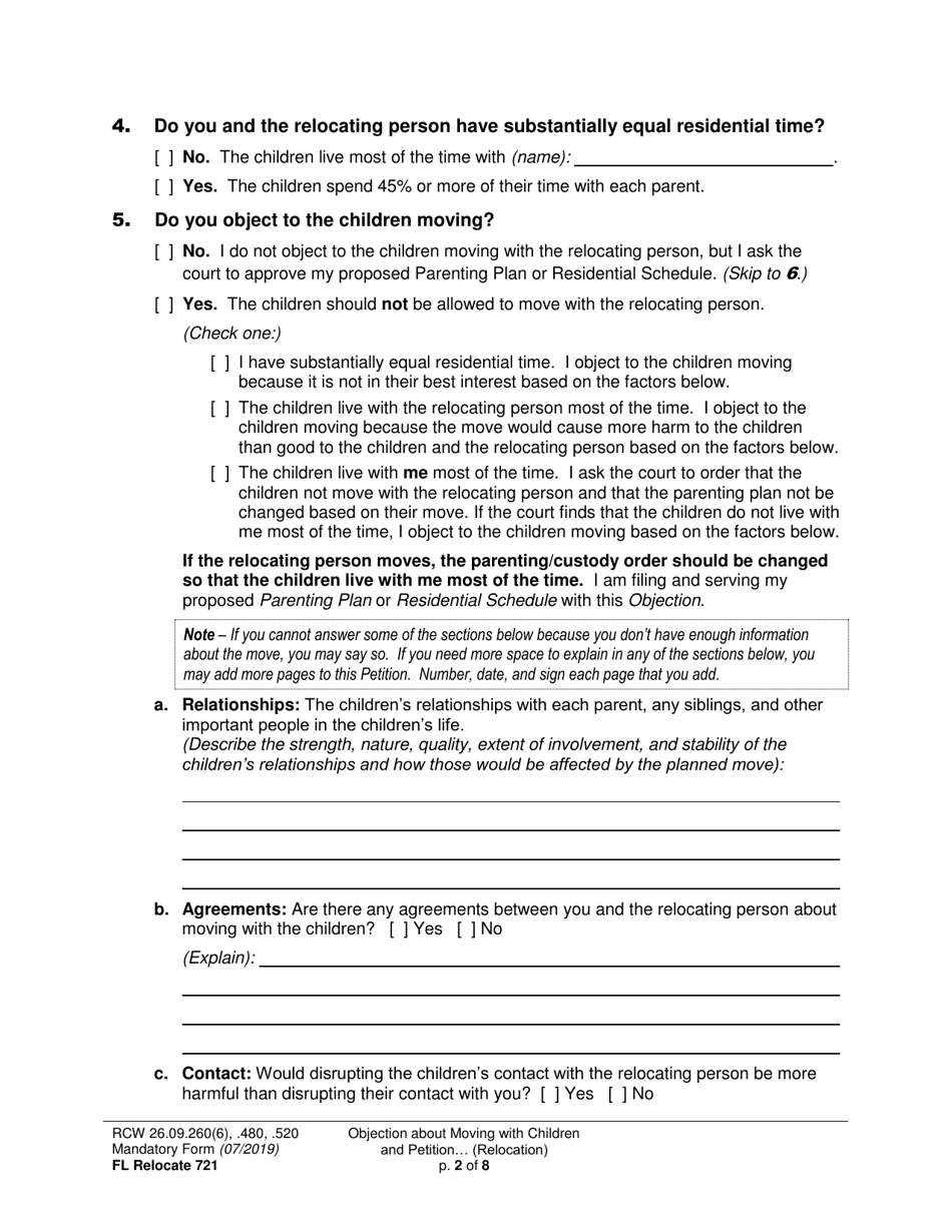 Form FL Relocate721 Objection About Moving With Children and Petition About Changing a Parenting / Custody Order (Relocation) - Washington, Page 2