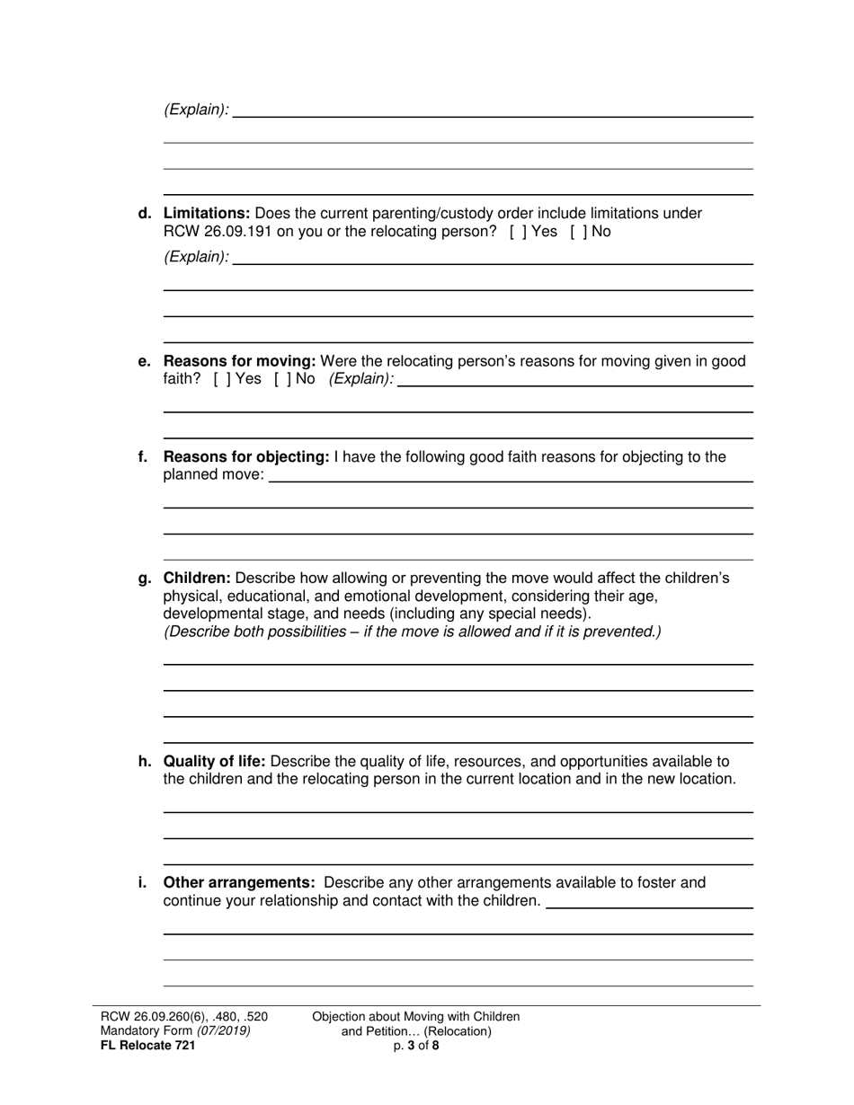 Form FL Relocate721 Objection About Moving With Children and Petition About Changing a Parenting / Custody Order (Relocation) - Washington, Page 3