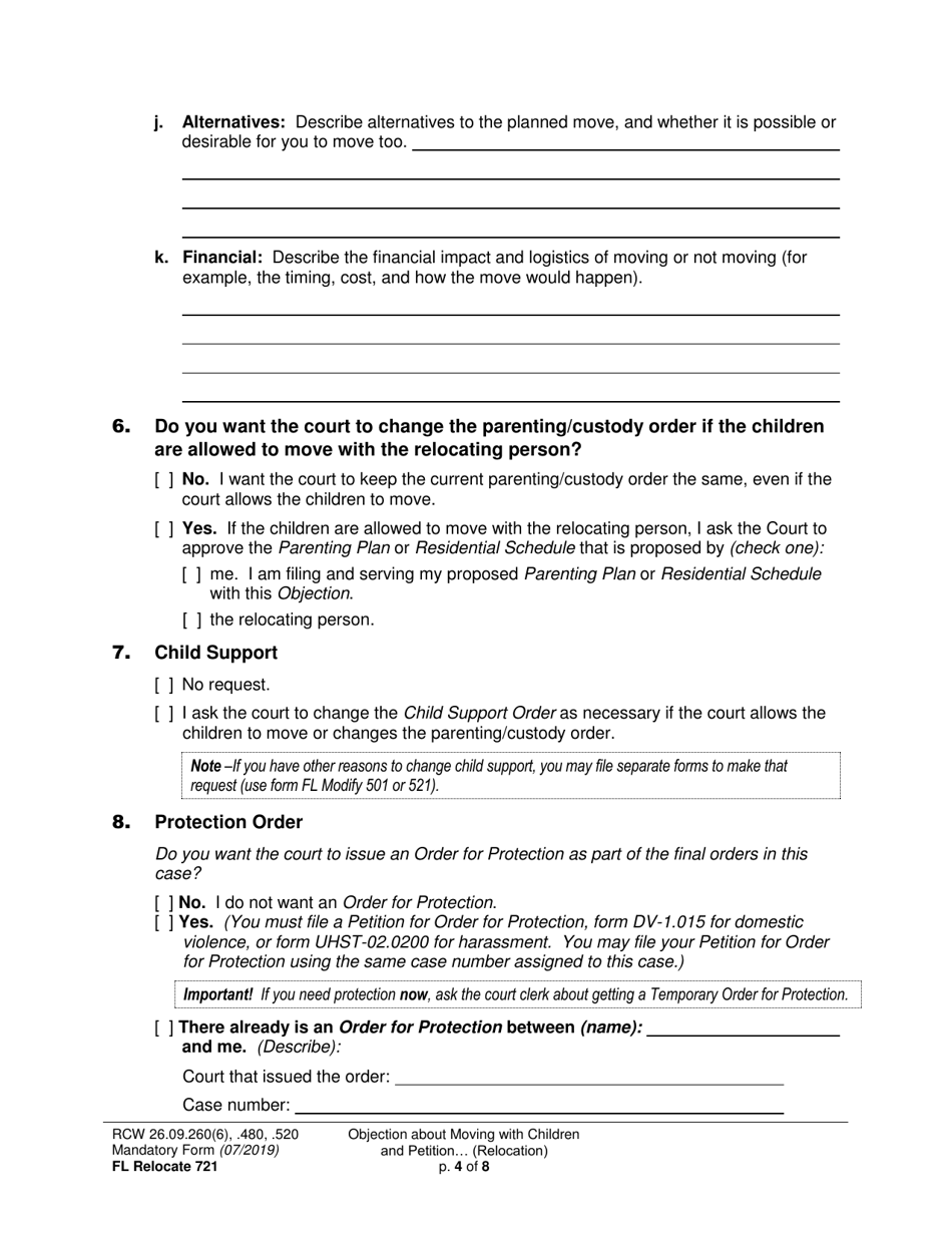 Form FL Relocate721 Objection About Moving With Children and Petition About Changing a Parenting / Custody Order (Relocation) - Washington, Page 4