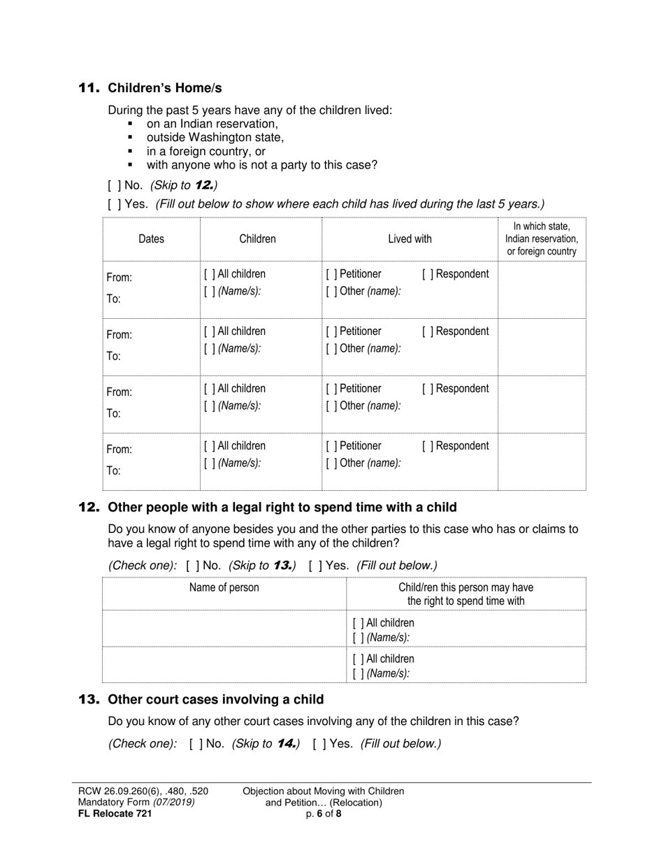 Form FL Relocate721 Objection About Moving With Children and Petition About Changing a Parenting / Custody Order (Relocation) - Washington, Page 6