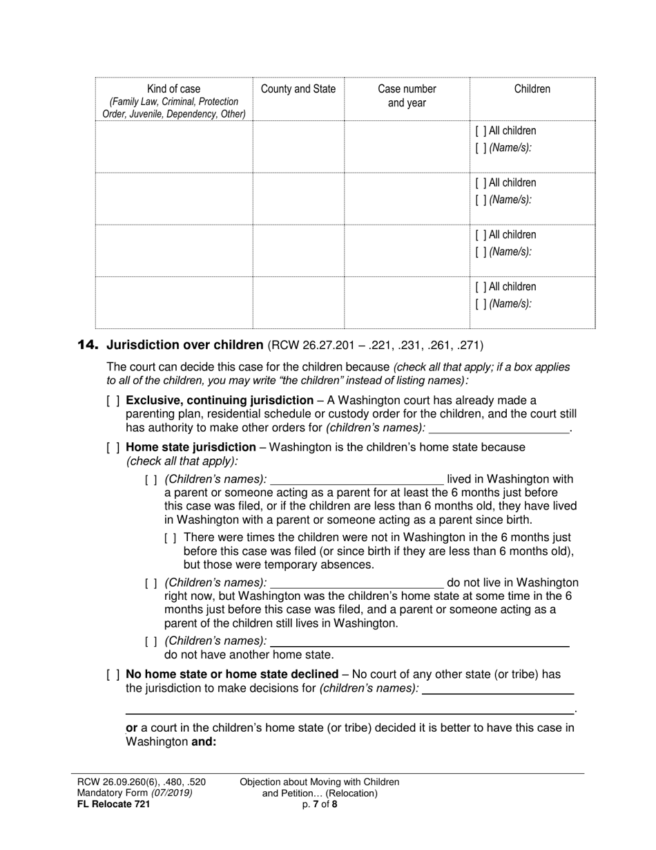 Form FL Relocate721 Objection About Moving With Children and Petition About Changing a Parenting / Custody Order (Relocation) - Washington, Page 7