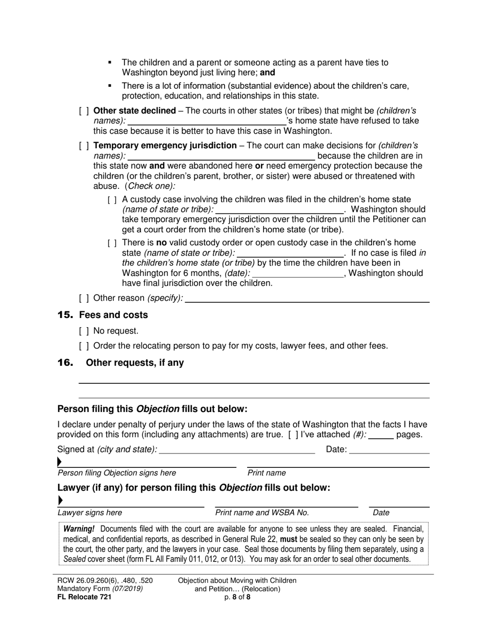 Form FL Relocate721 Objection About Moving With Children and Petition About Changing a Parenting / Custody Order (Relocation) - Washington, Page 8