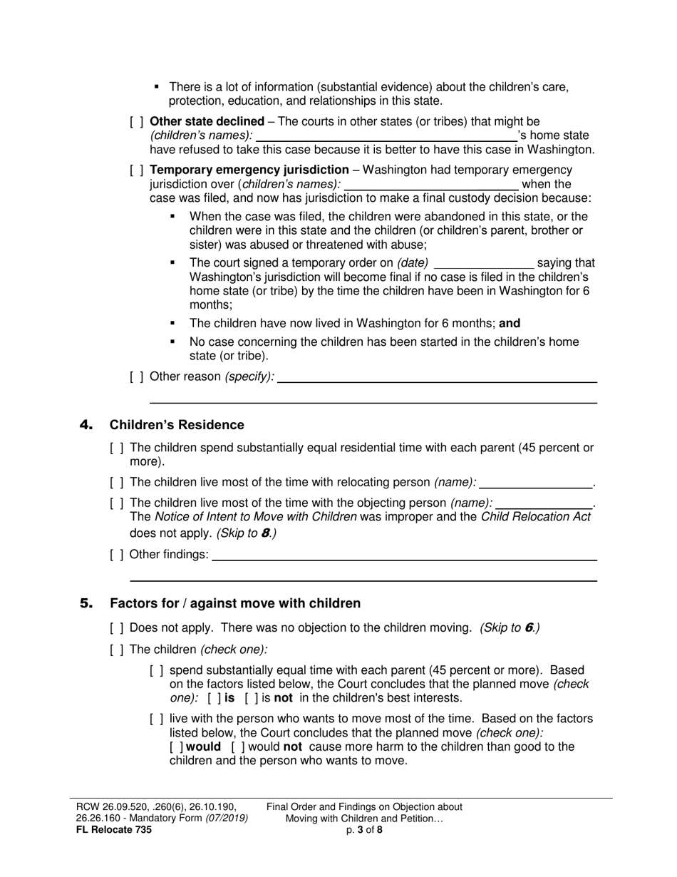Form FL Relocate735 Final Order and Findings on Objection About Moving With Children and Petition About Changing a Parenting / Custody Order (Relocation) - Washington, Page 3
