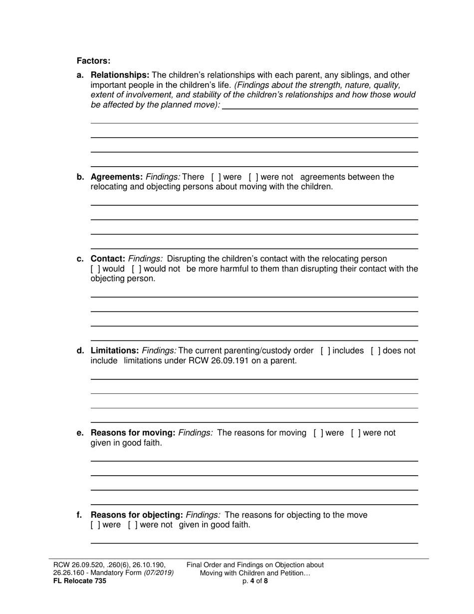 Form FL Relocate735 Final Order and Findings on Objection About Moving With Children and Petition About Changing a Parenting / Custody Order (Relocation) - Washington, Page 4