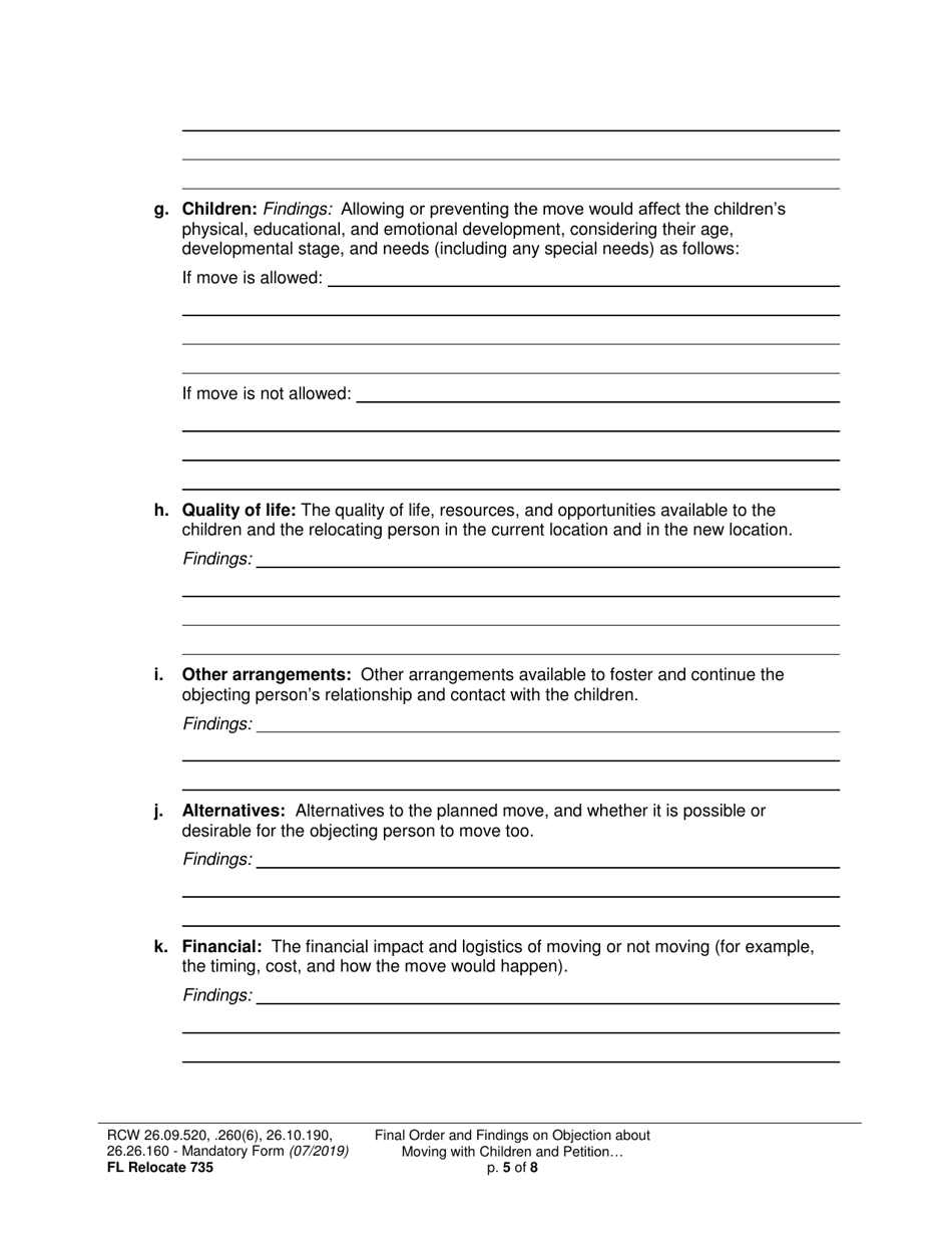 Form FL Relocate735 Final Order and Findings on Objection About Moving With Children and Petition About Changing a Parenting / Custody Order (Relocation) - Washington, Page 5