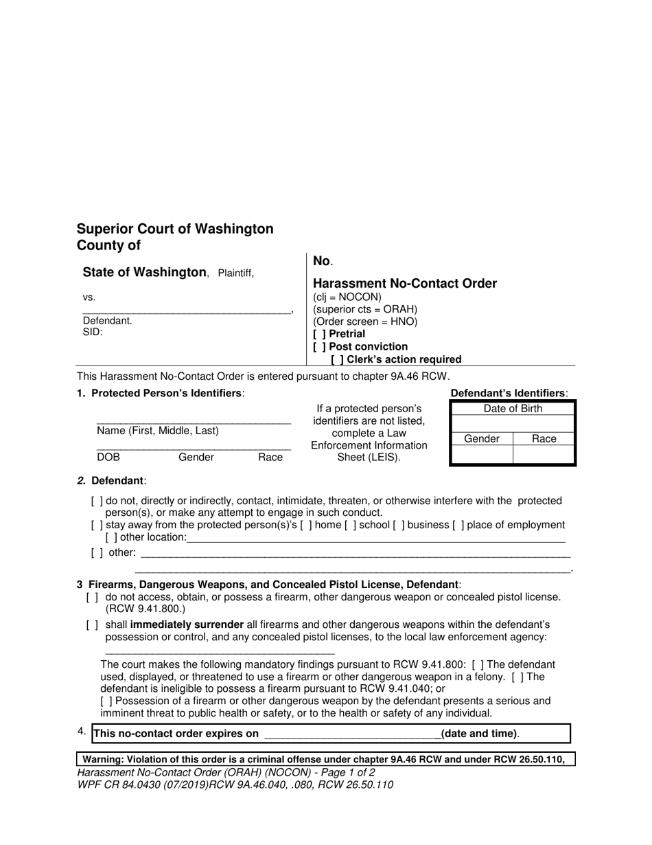 Form WPF CR84.0430 Harassment No-Contact Order - Washington, Page 1