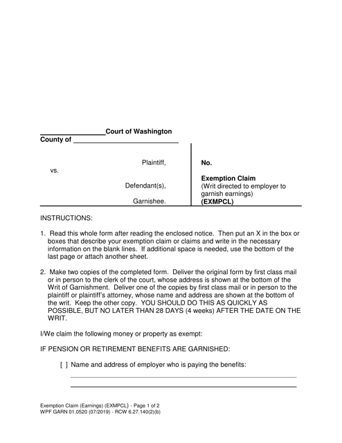 Form WPF GARN01.0520  Printable Pdf