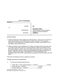 Form WPF GARN01.0500 Exemption Claim (Writ to Garnish Funds or Property Held by a Financial Institution) - Washington