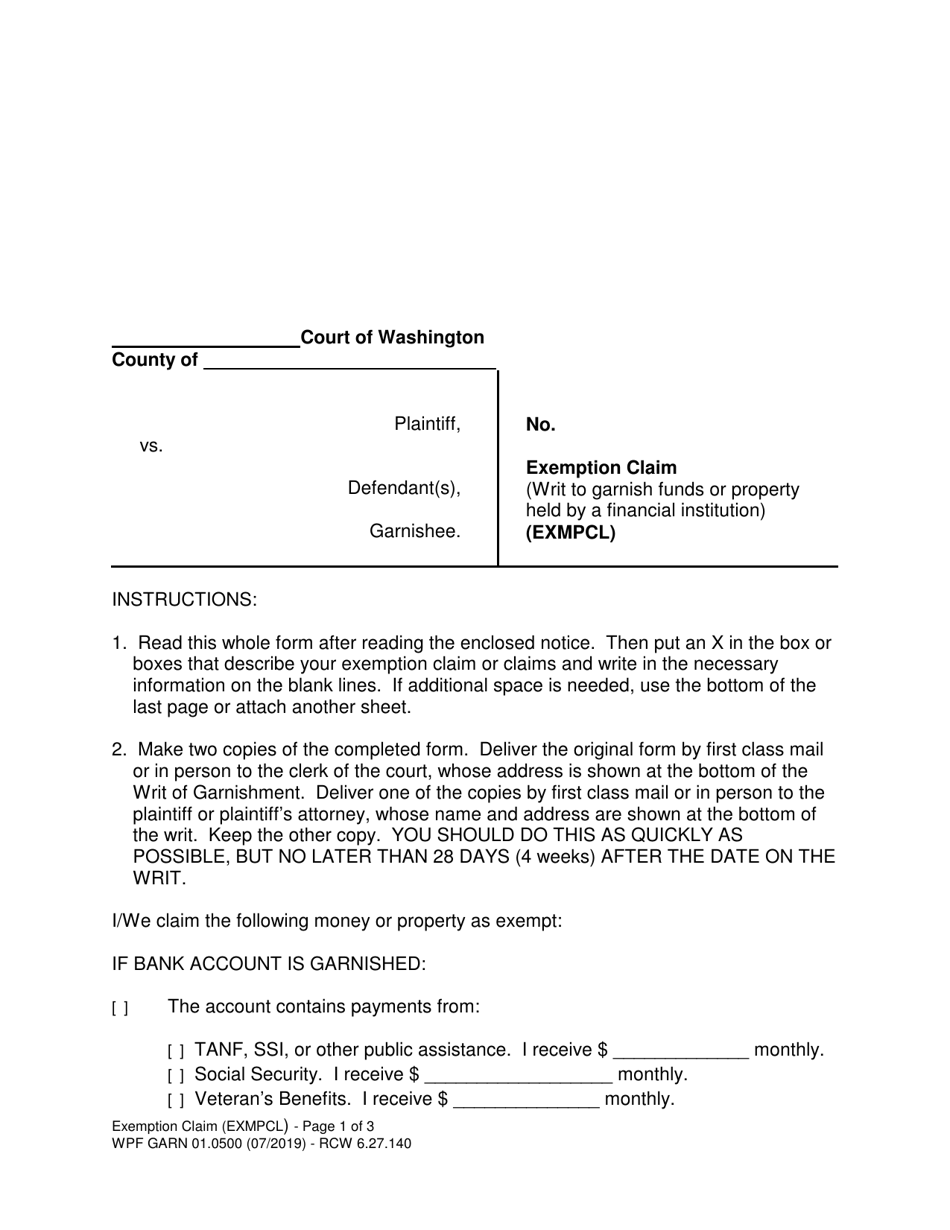 Form WPF GARN01.0500 Exemption Claim (Writ to Garnish Funds or Property Held by a Financial Institution) - Washington, Page 1