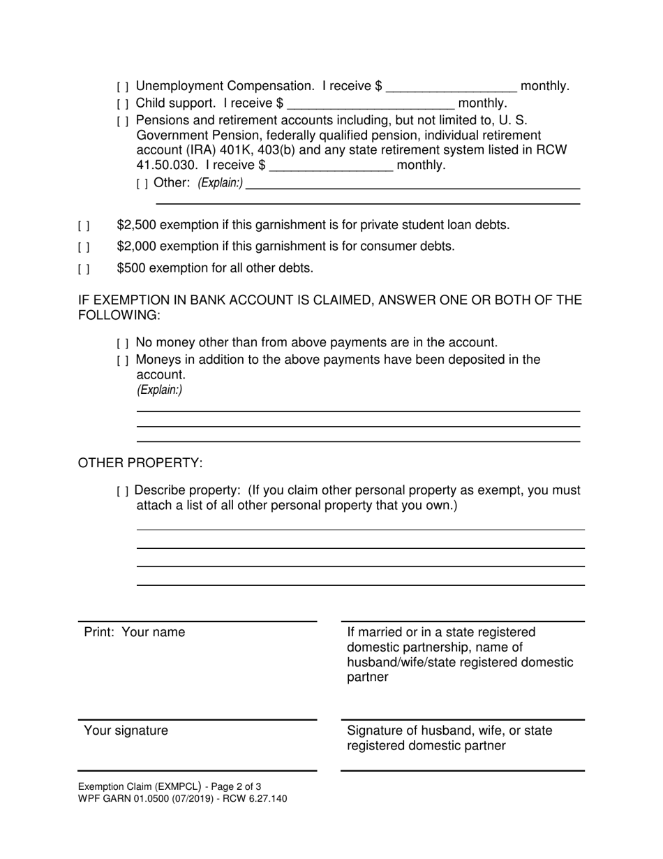 Form WPF GARN01.0500 Exemption Claim (Writ to Garnish Funds or Property Held by a Financial Institution) - Washington, Page 2