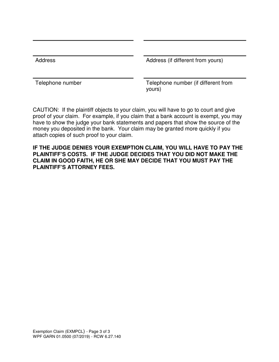 Form WPF GARN01.0500 Exemption Claim (Writ to Garnish Funds or Property Held by a Financial Institution) - Washington, Page 3