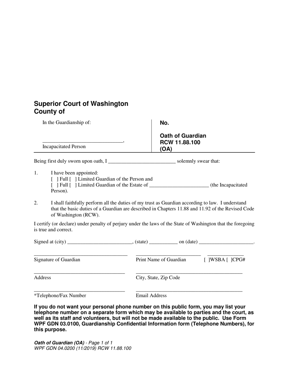 Form WPF GDN04.0200 Oath of Guardian (OA) - Washington, Page 1