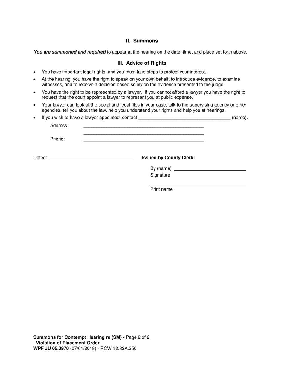 Form WPF JU05.0970 Summons for Contempt Hearing Re Violation of Placement Order - Washington, Page 2