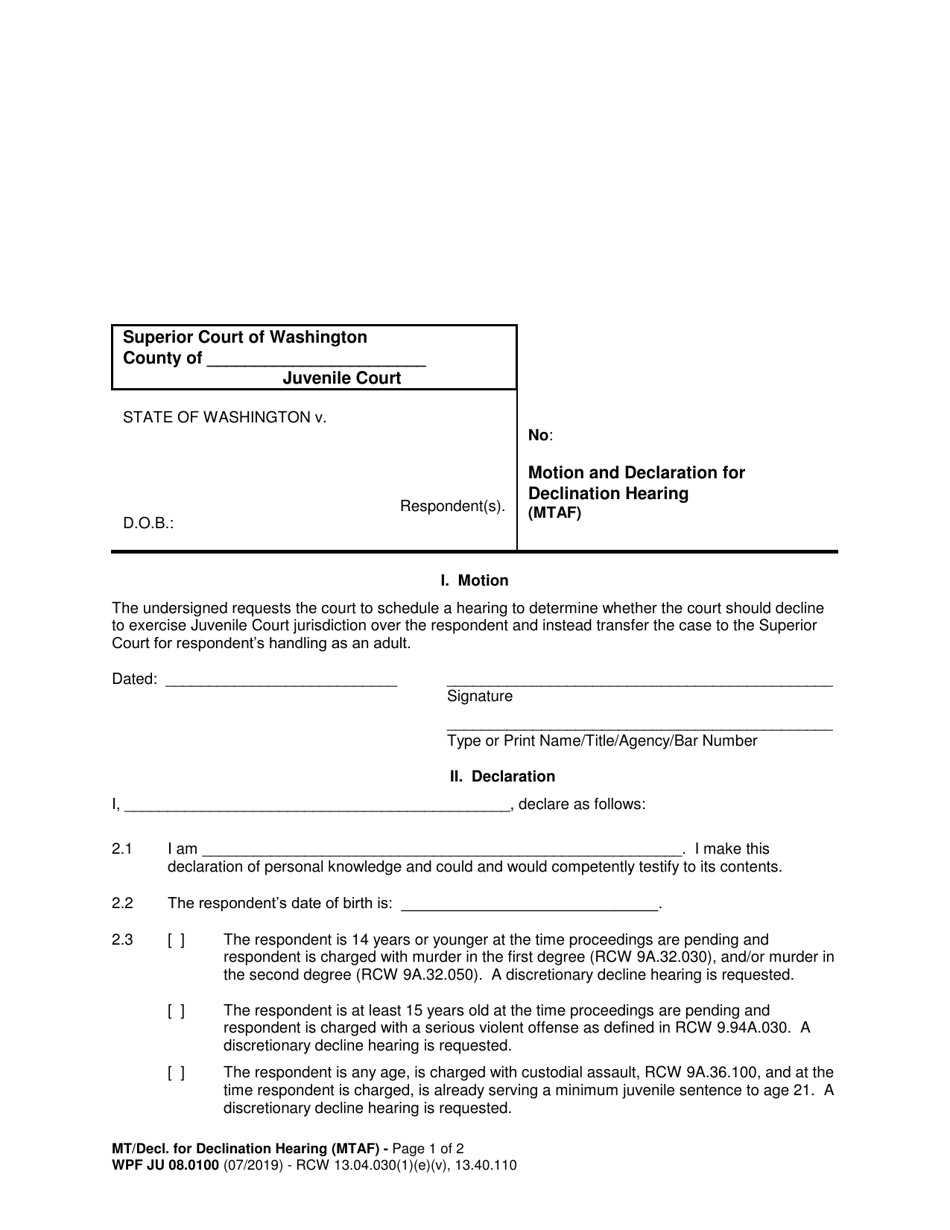 Form WPF JU08.0100 Motion and Declaration for Declination Hearing (Mtaf) - Washington, Page 1
