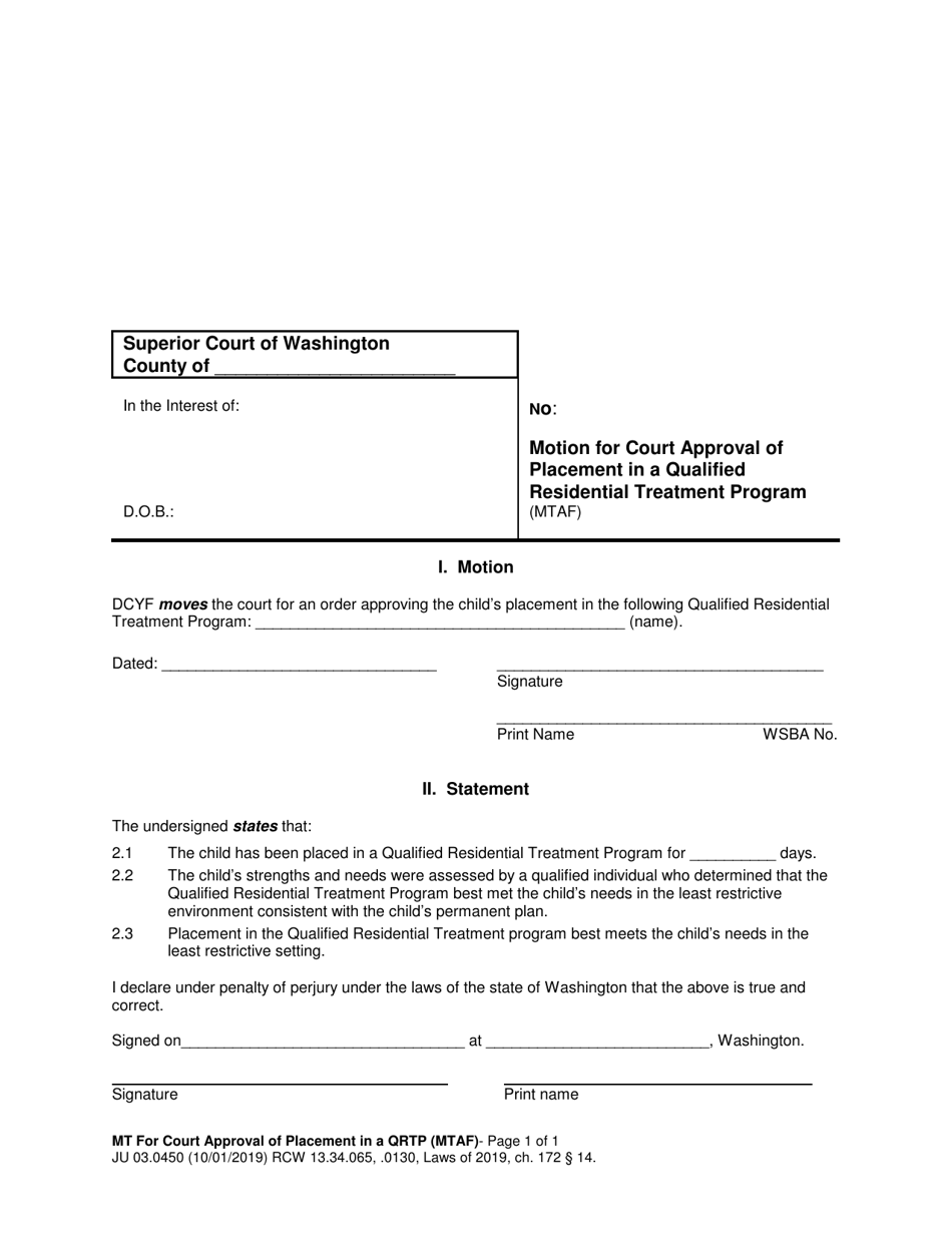 Form JU03.0450 Motion for Court Approval of Placement in a Qualified Residential Treatment Program (Mtaf) - Washington, Page 1