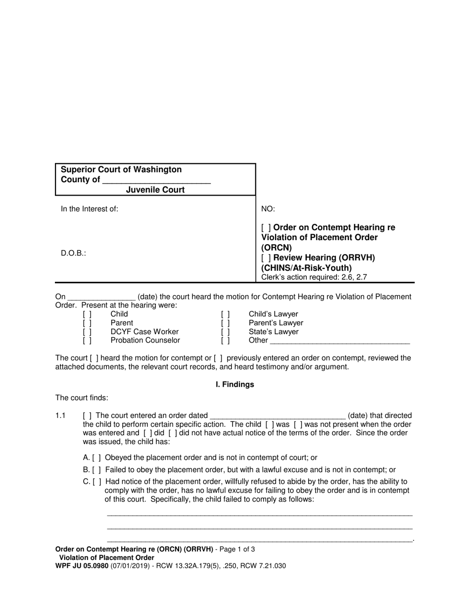 Form WPF JU05.0980 Order on Contempt Hearing Re Violation of Placement Order / Review Hearing - Washington, Page 1