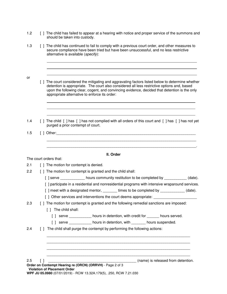 Form WPF JU05.0980 Order on Contempt Hearing Re Violation of Placement Order / Review Hearing - Washington, Page 2