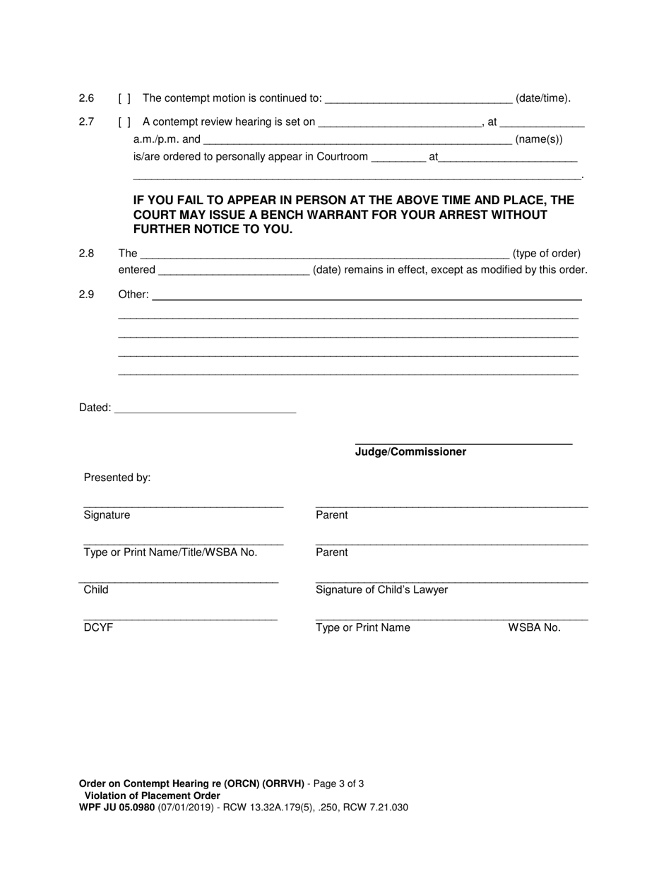 Form WPF JU05.0980 Order on Contempt Hearing Re Violation of Placement Order / Review Hearing - Washington, Page 3