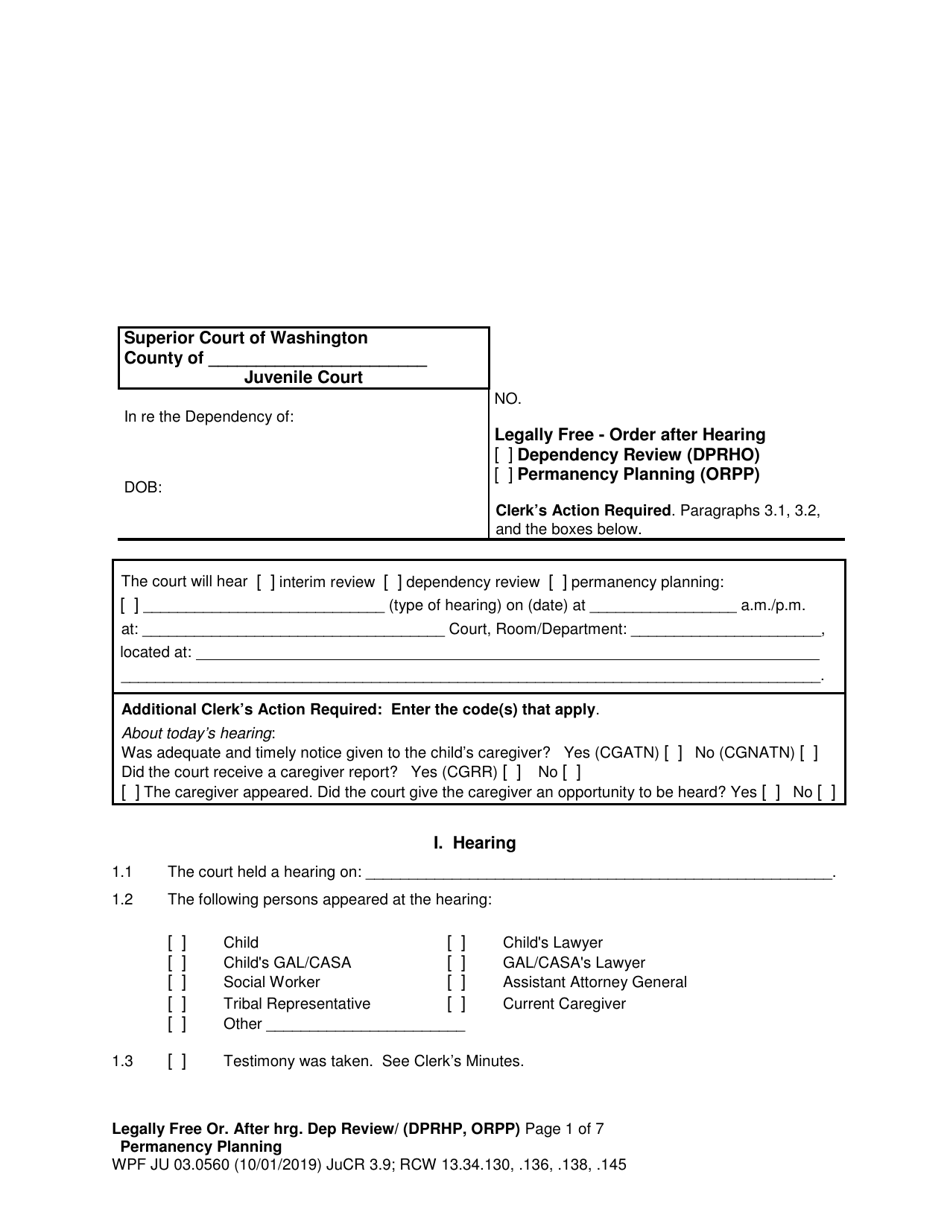 Form WPF JU03.0560 Legally Free - Order After Hearing Dependency Review / Permanency Planning - Washington, Page 1