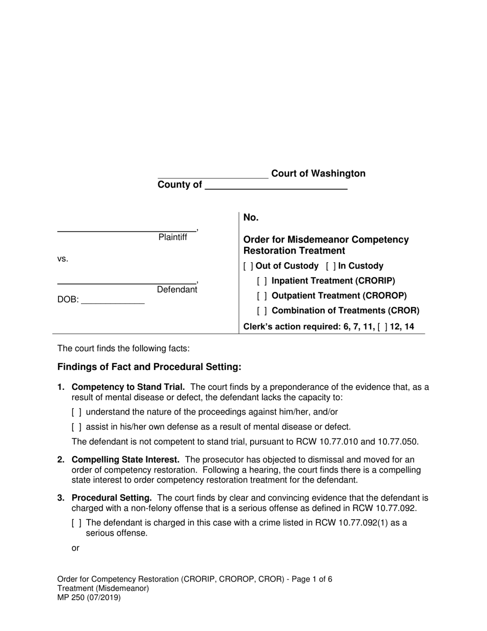 Form MP250 Order for Competency Restoration Treatment (Misdemeanor) - Washington, Page 1