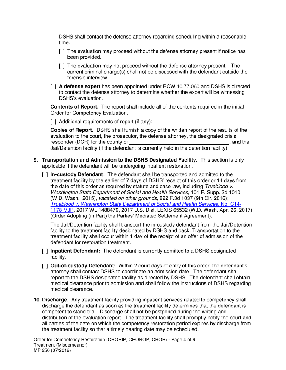 Form MP250 Order for Competency Restoration Treatment (Misdemeanor) - Washington, Page 4