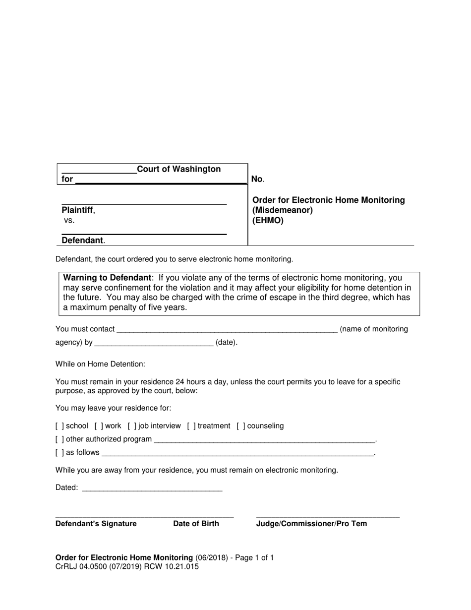 Form CrRLJ04.0500 Order for Electronic Home Monitoring (Misdemeanor) (Ehmo) - Washington, Page 1
