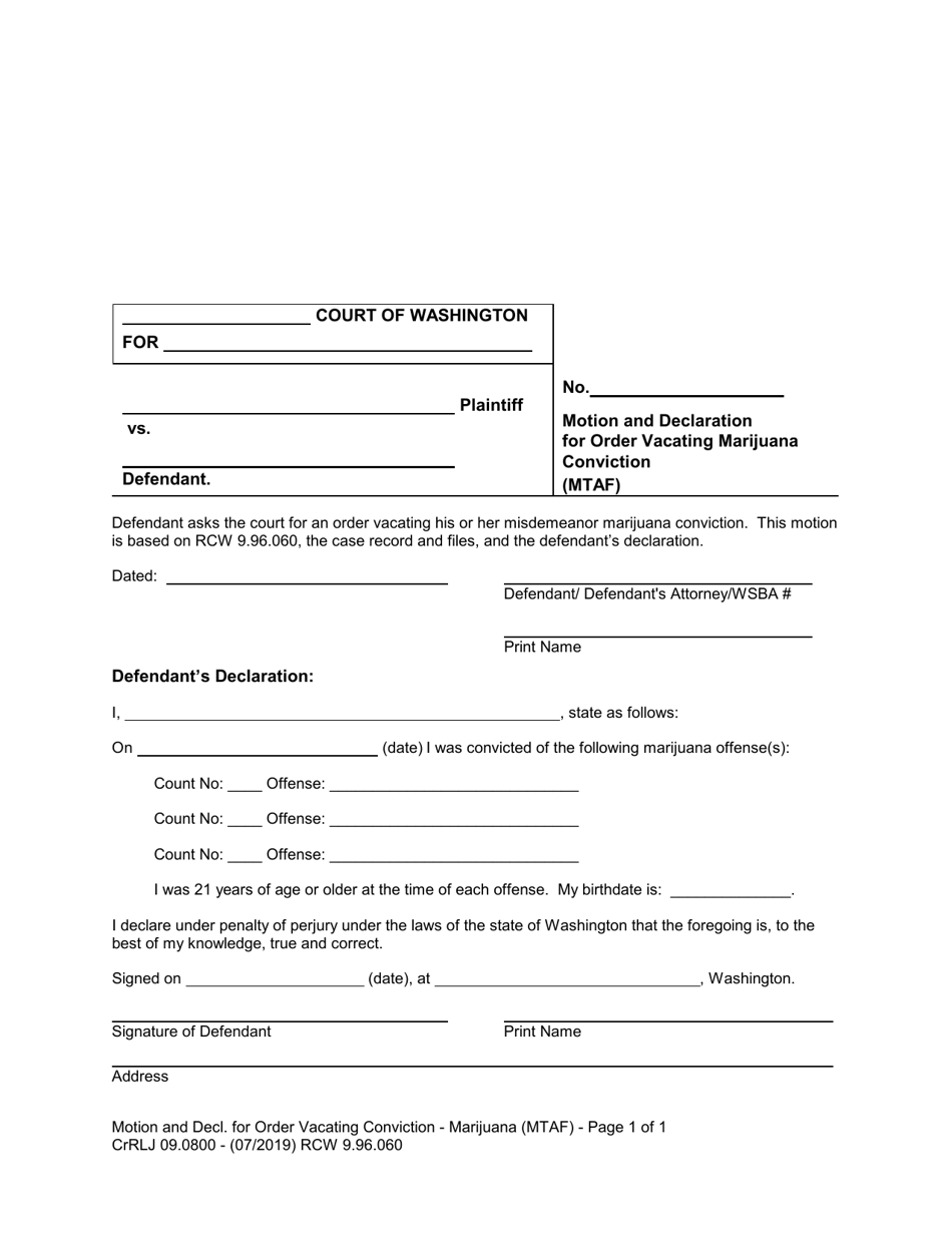 Form CrRLJ09.0800 Motion and Declaration for Order Vacating Marijuana Conviction (Mtaf) - Washington, Page 1