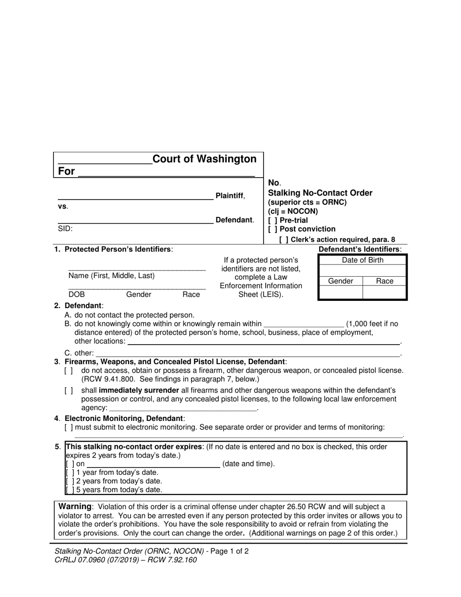 Form CrRLJ07.0960 Stalking No-Contact Order - Washington, Page 1