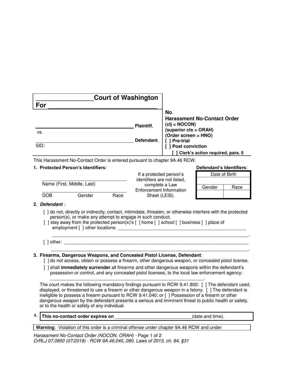 Form CrRLJ07.0950 Harassment No-Contact Order - Washington, Page 1