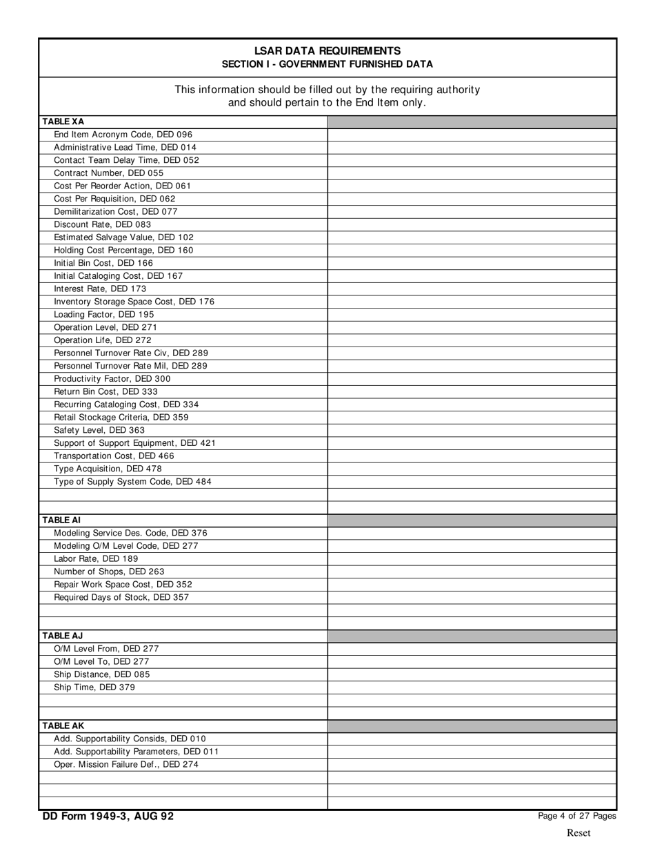 DD Form 1949-3 Section I Lsar Data Requirements, Government Furnished Data (Pages 4 - 8 of 27), Page 1