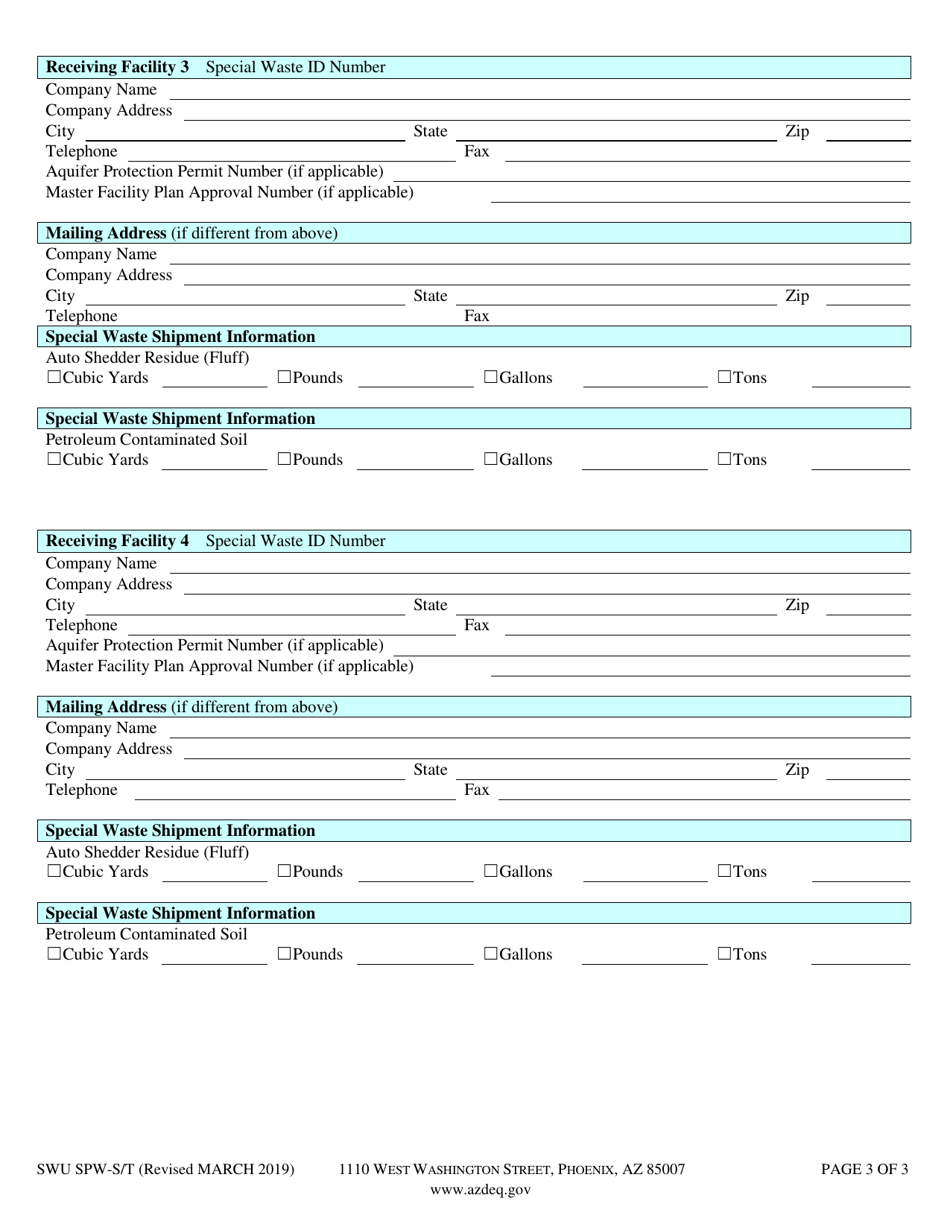 Form SWU SPW-S / TI Special Waste Shipper / Transporter Annual Report - Arizona, Page 4