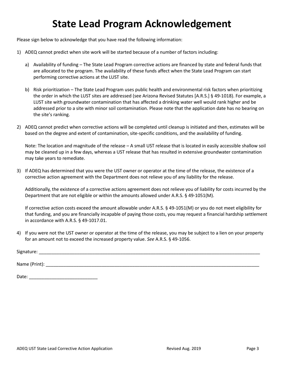 Underground Storage Tank (Ust) State Lead Corrective Action Application - Arizona, Page 3