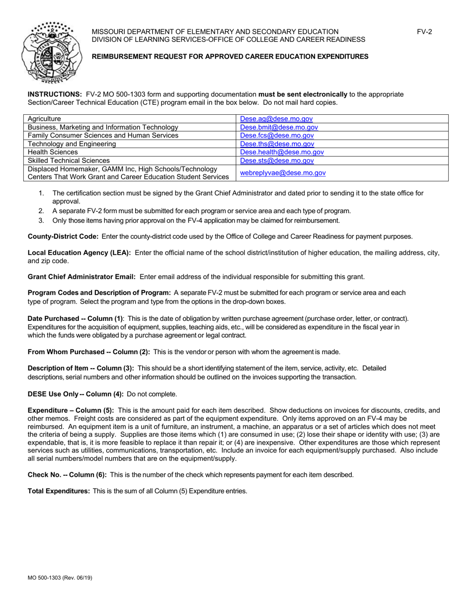 Form FV-2 (MO500-1303) Reimbursement Request for Approved Career Education Expenditures - Missouri, Page 1