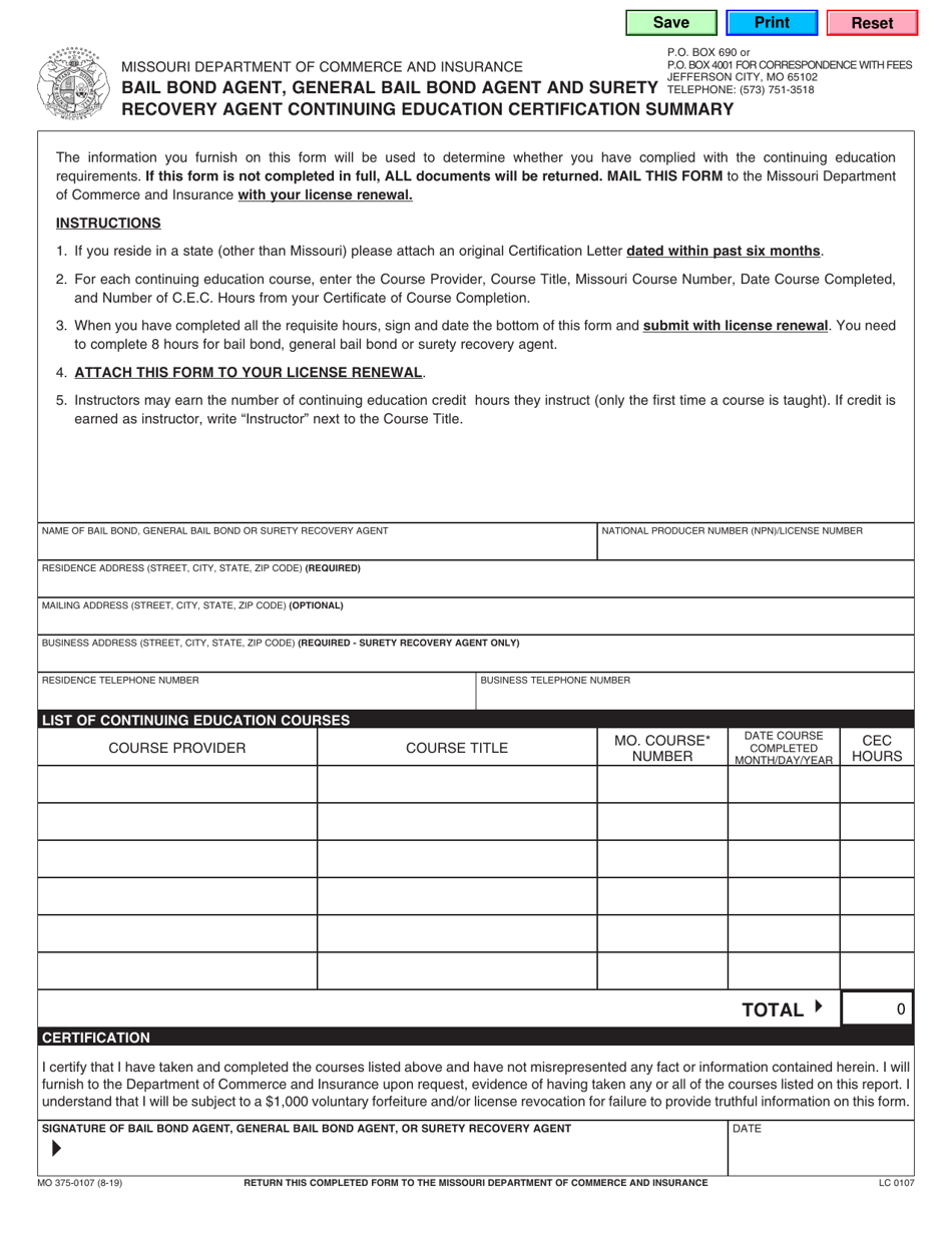 Form MO375-0107 Bail Bond Agent, General Bail Bond Agent and Surety Recovery Agent Continuing Education Certification Summary - Missouri, Page 1