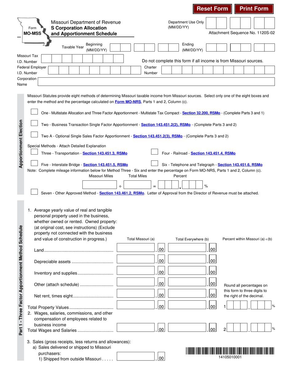 Form MO-MSS S Corporation Allocation and Apportionment Schedule - Missouri, Page 1
