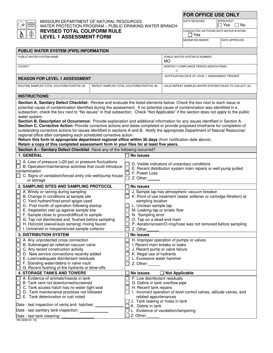 Form 780-2638 Revised Total Coliform Rule - Level 1 Assessment Form - Missouri, Page 1
