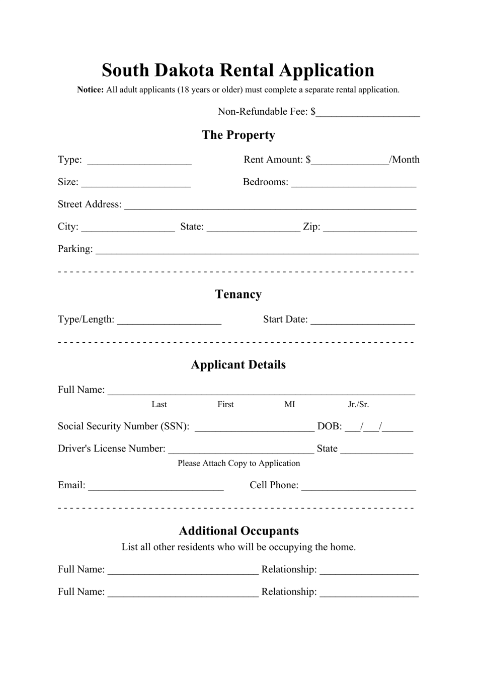 Rental Application Form - South Dakota, Page 1