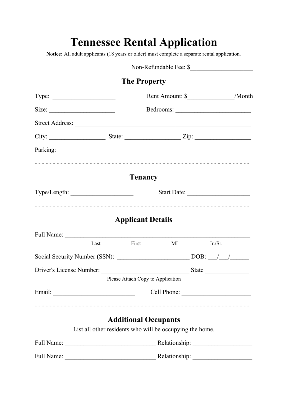 Rental Application Form - Tennessee, Page 1