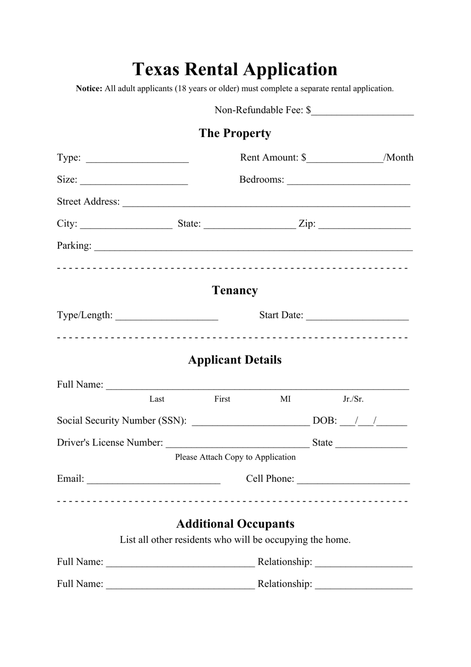 Rental Application Form - Texas, Page 1