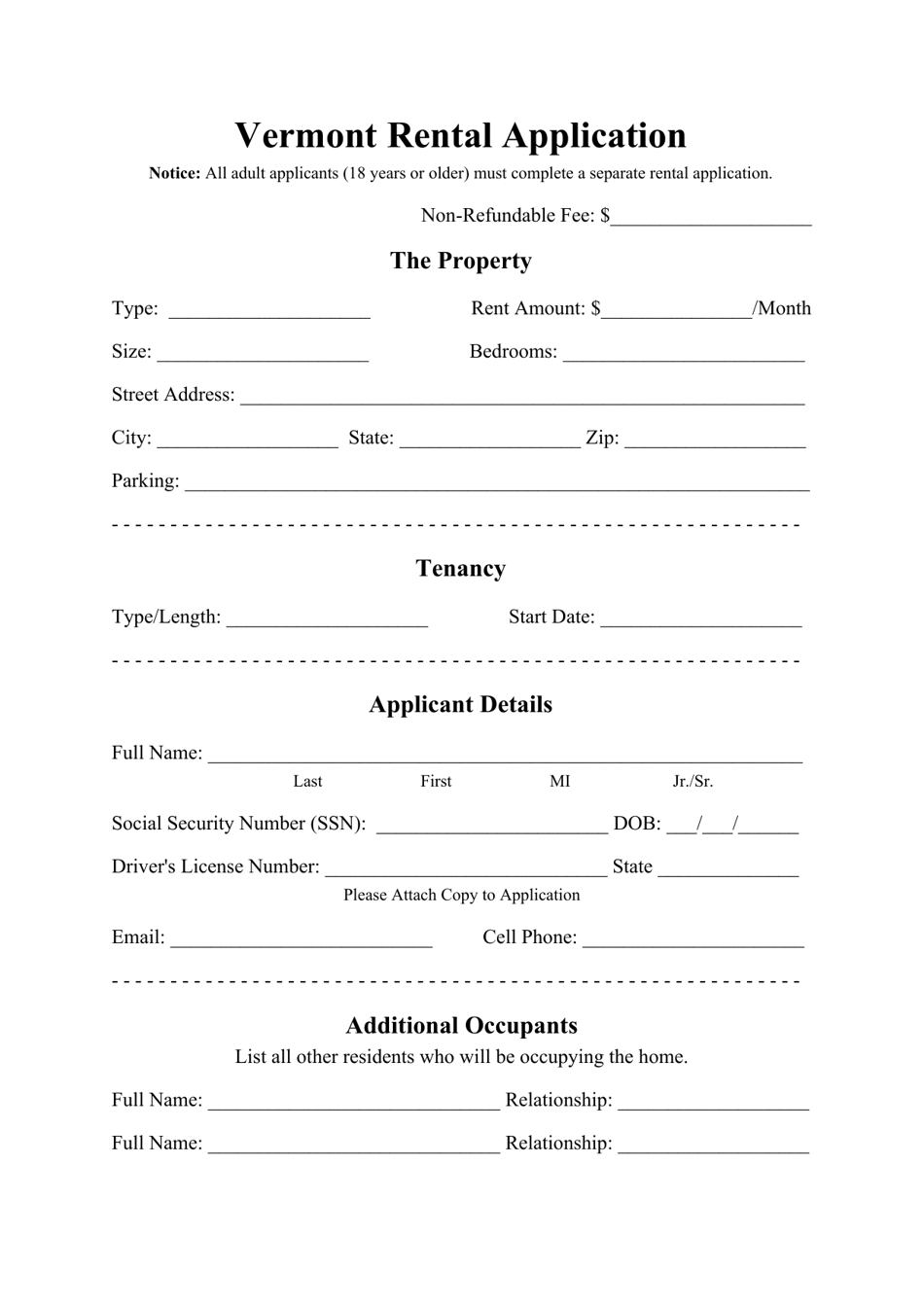 Rental Application Form - Vermont, Page 1