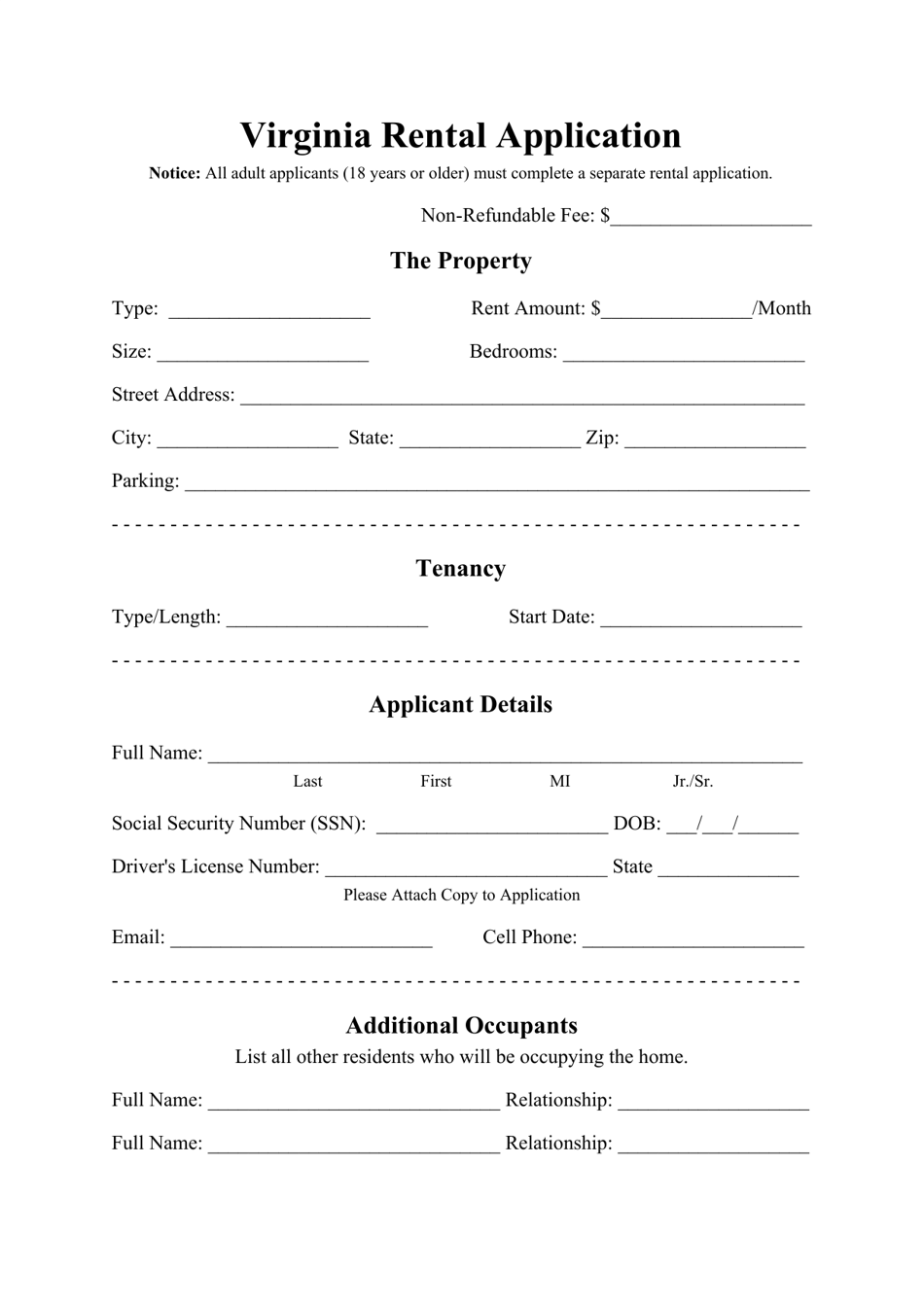 Rental Application Form - Virginia, Page 1
