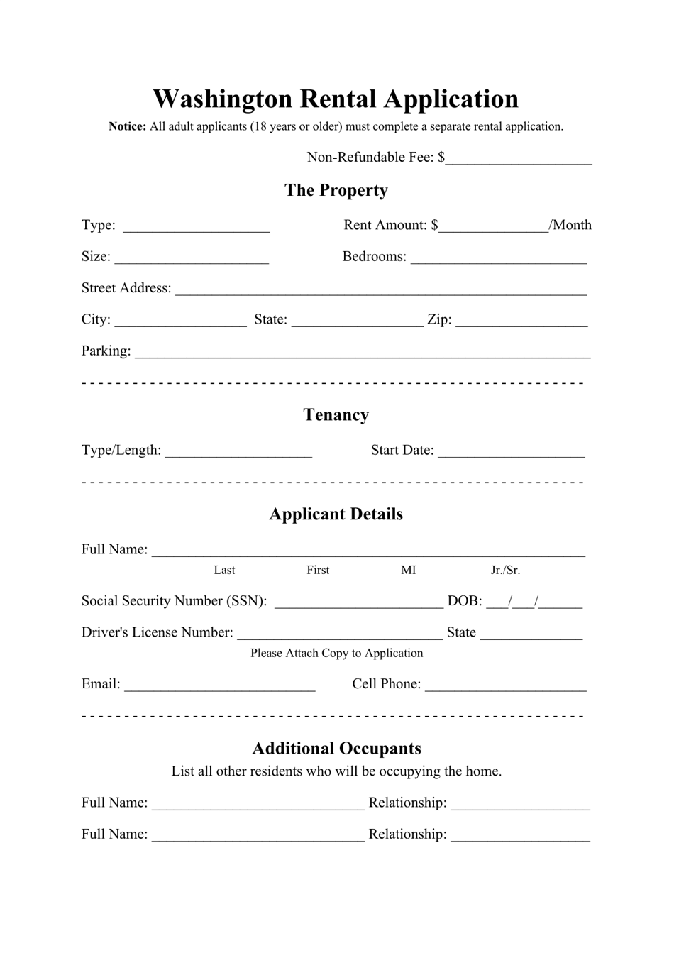 Rental Application Form - Washington, Page 1
