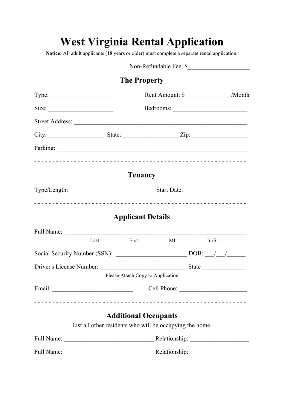 Rental Application Form - West Virginia, Page 1