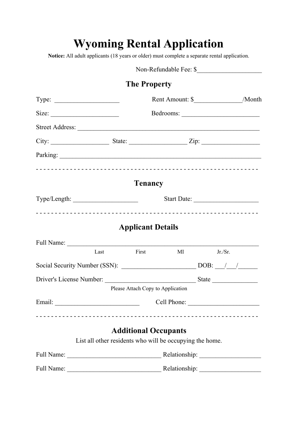 Wyoming Rental Application Form Download Printable PDF Templateroller