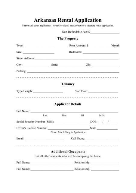 Rental Application Form - Arkansas