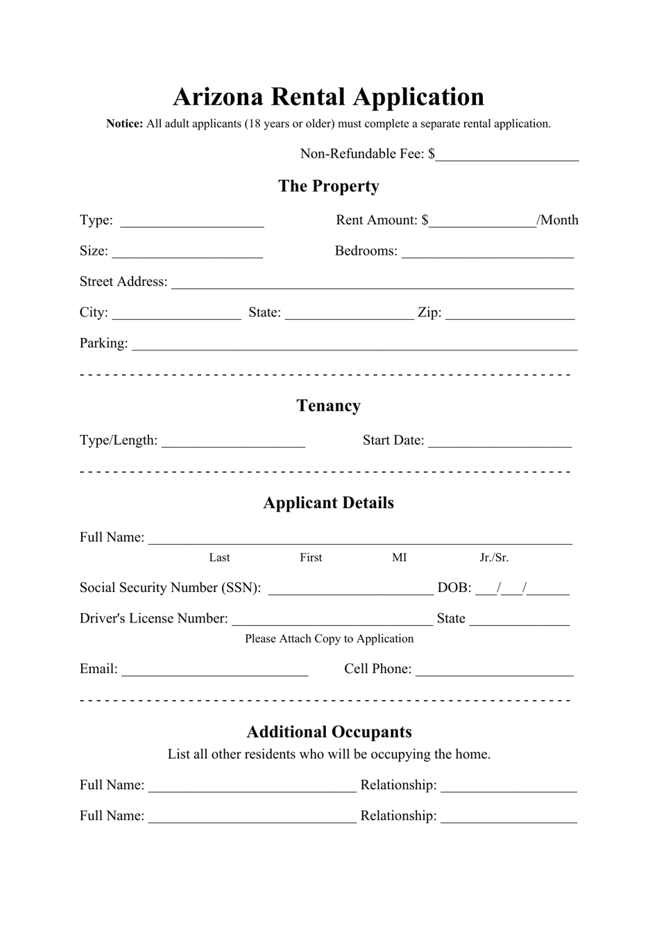 Rental Application Form - Arizona, Page 1